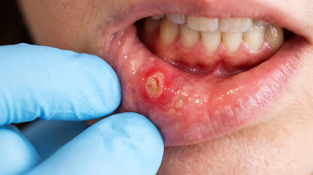 Close-up of canker sore on lower lip mouth ulcer