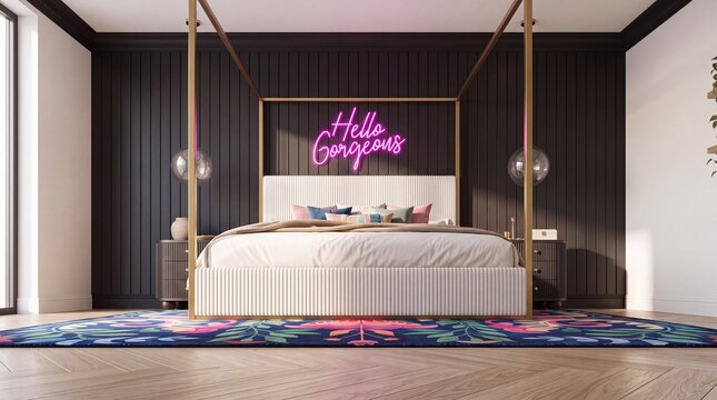 Modern Glam Canopy Bed with Black Slat Accent Wall, Pink Neon Sign and Floral Area Rug