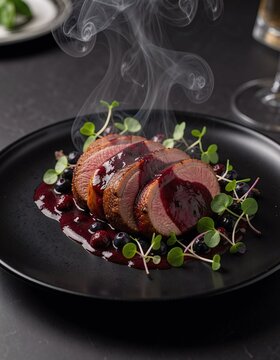 Smoked Duck Breast with Berry Sauce and Microgreens on Black Plate &ndash; Gourmet Fine Dining Food Photography