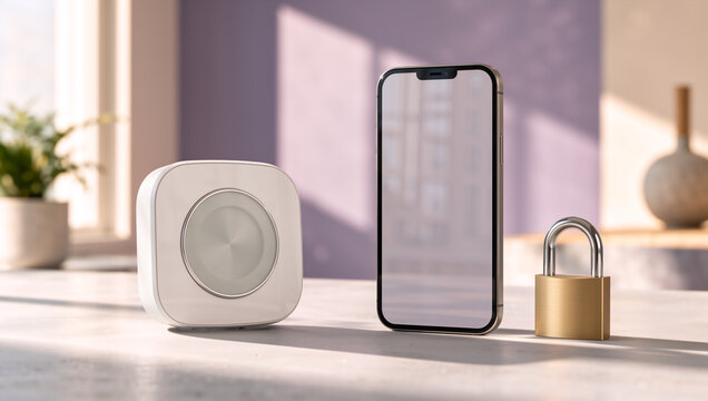 Mobile security and digital privacy concept. Smart home hub with smartphone and padlock on countertop. Cyber security and data protection