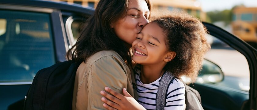 Mom dropping off her kid to school. Before morning class, the child bids her mother farewell with a kiss.