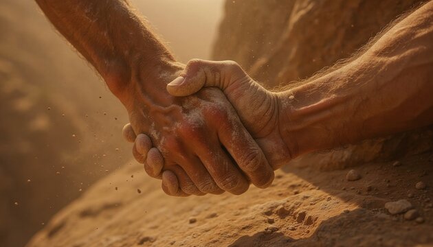 Closeup of a powerful handshake between two dusty hands against a sunlit desert canyon. This metaphorical image evokes trust, teamwork, and resilience. Nobody present. Highquality stock concept.