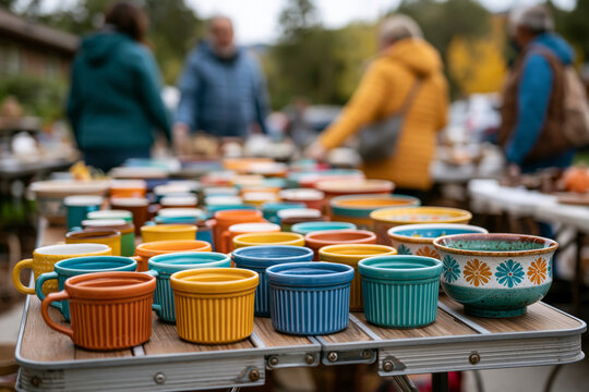 Suburban yard sale featuring vintage kitchenware, coffee mugs and decorative ceramics displayed neatly on folding tables, shoppers interacting naturally, perfect for modern design, travel, or