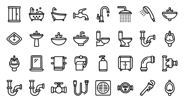 Bathroom and Plumbing Outline Icon Set with Shower Bathtub Faucet Toilet Sink Pipe Vector Collection