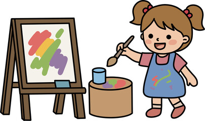 Cute little girl painting on an easel with watercolor and art supplies