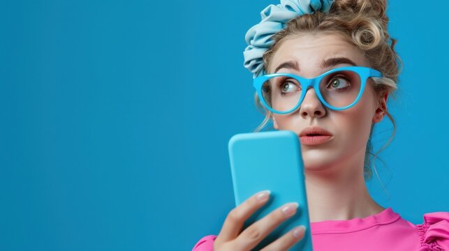 Young Woman with Retro Style Glasses and Hair Accessories Checking Phone on Bright Blue Background