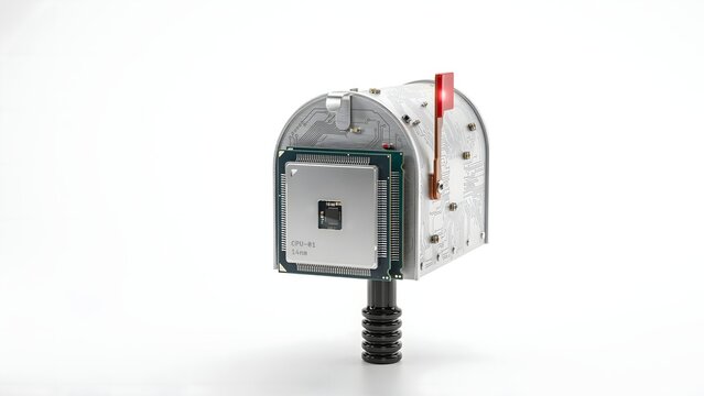 American rural mailbox built from microchips and LED flag on white background &ndash; Great for secure email communications, smart mail tech, or digital delivery.