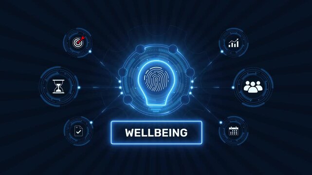 Employee wellbeing and workplace health corporate wellness graphic loop with glowing biometric fingerprint icon on dark technology background