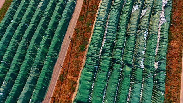 Aerial view of long green storage covers along dirt road. Rows of covered agricultural material stretch across open field in sunlight.