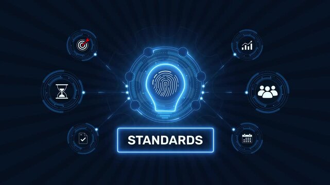 Business quality standards and operational compliance guidelines graphic loop with glowing biometric fingerprint icon on dark technology background