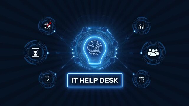 IT help desk technical support and service ticket management graphic loop with glowing biometric fingerprint icon on dark technology background asset
