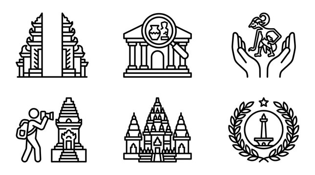 Indonesian Culture and Landmark Travel Line Icon Set