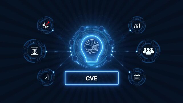 Common vulnerabilities and exposures cve cyber security threat management graphic loop with glowing biometric fingerprint icon on dark background asset