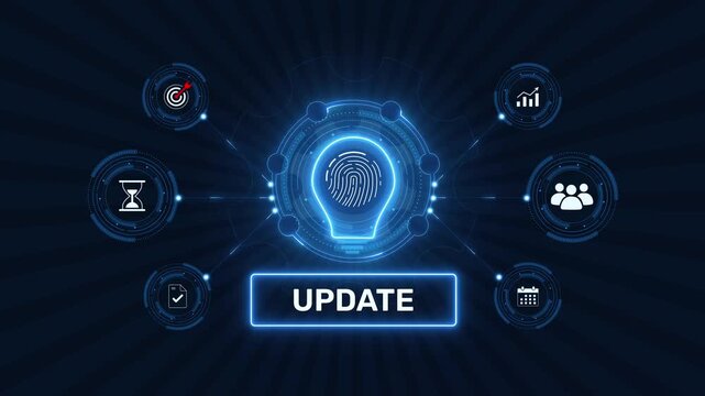 System software update and upgrade process concept graphic loop with glowing biometric fingerprint icon on dark technology background asset