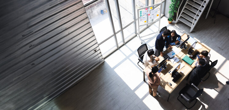 top view. success business people meeting with high five, celebration. working at office. Professional business teamwork diverse company. Achievement or celebration, motivation and clapping hands