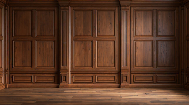 Classic dark wood paneling wall in a library. This elegant interior background is perfect for luxury room design.