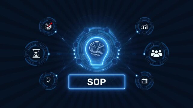 Standard operating procedure sop business process control graphic loop with glowing biometric fingerprint icon on dark technology background asset