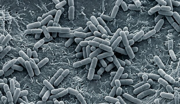 Scanning Electron Microscope Style 3D Render of Rod-Shaped Bacillus Bacteria Colony and Biofilm, Microbiology Concept