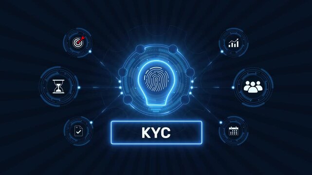Know your customer kyc identity verification compliance graphic loop with glowing biometric fingerprint icon on dark technology background asset