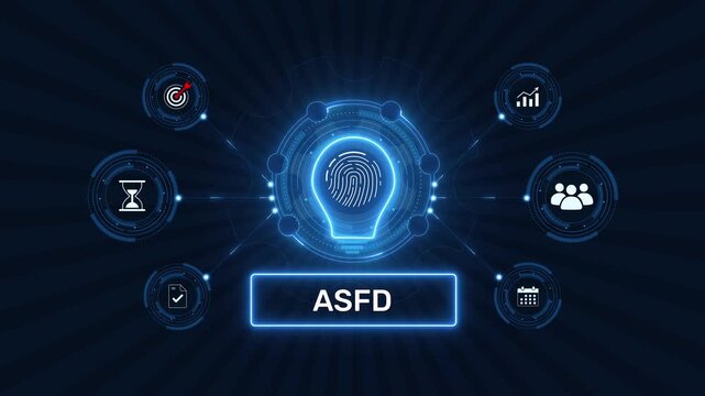 Advanced security framework data asfd system architecture graphic loop with glowing biometric fingerprint icon on dark technology background asset