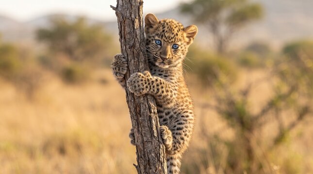 Adorable Baby Leopard Cub with Striking Blue Eyes Hugging a Tree Trunk &ndash; Cute Wildlife Portrait and African Savanna Nature Concept