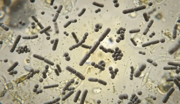 3D illustration of rod-shaped and coccus bacteria (Bacilli and Cocci) in a biological environment, microscopy view, medical visualization