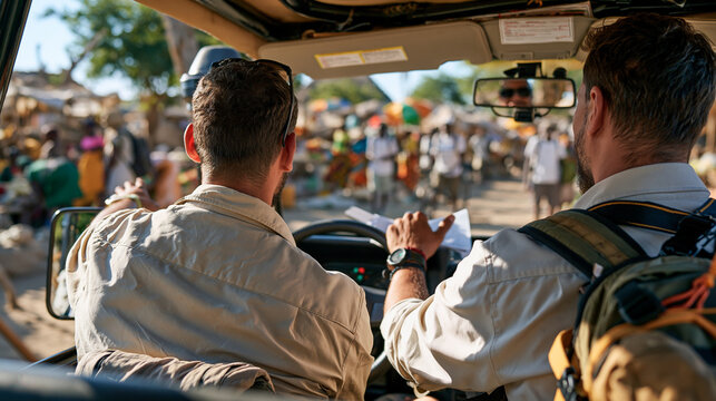 Safari guide navigating a packed open vehicle through a vivid savanna market village, tourists jostling with local traders, legal permit papers visible on dashboard, jurisdictional complexity of wil
