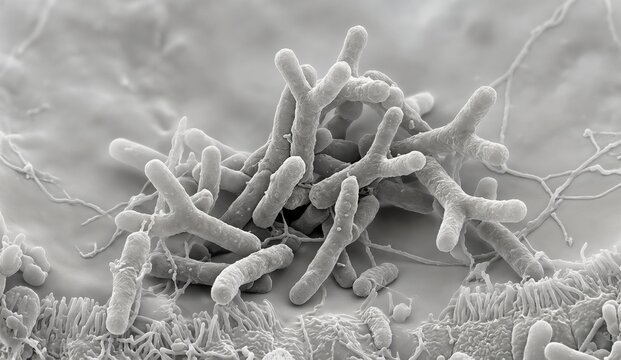 Microscopic 3D illustration of Y-shaped bifidobacteria and bacilli bacteria cluster, scanning electron microscope SEM style, medical and scientific visualization