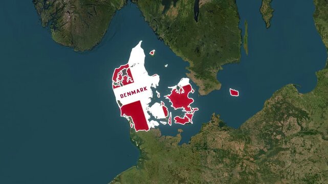 Denmark Map Highlight with Animated Flag Pin on World Satellite Map