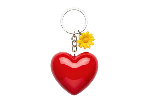 Red heart keychain charm with yellow flower isolated on transparent background