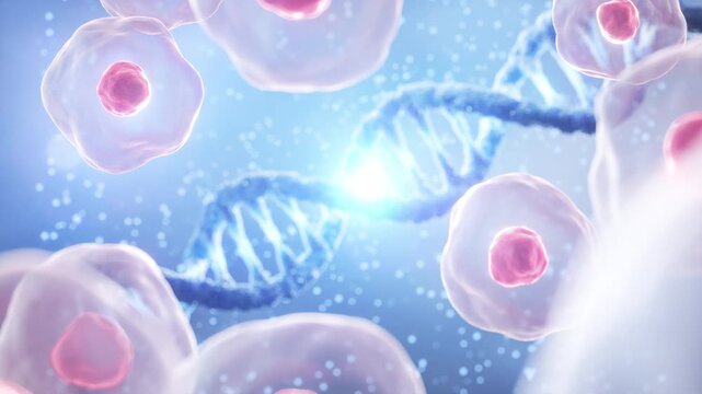 Human cells with rotating DNA strands. Applications include biotechnology, genetic research, molecular biology, and medical science.