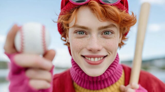 Tracking shot of redhead teen holding baseball and bat smiling at waterfront with bridge in background