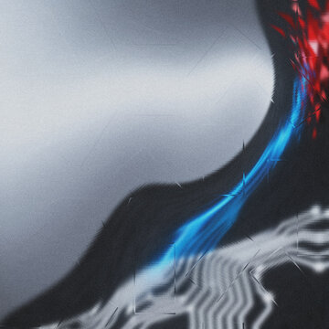 Granular silver-grey to asphalt, a dark curve frames luminous electric blue current, fractured crimson, and white circuit patterns, ideal for tech