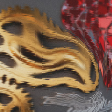 Granular charcoal canvas, molten golden cog shape blends into fractured ruby panel with blue hints and digital glitches, ideal for tech.