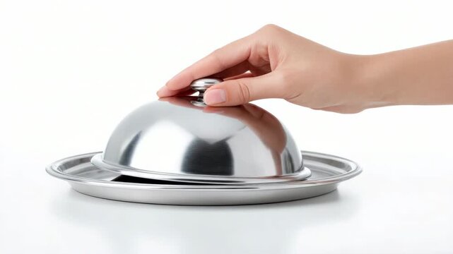 Slow motion close up of hand lifting silver cloche to reveal empty serving platter on white studio table surface