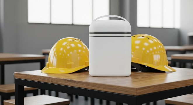White insulated lunch box container and yellow construction hard hats on wooden table