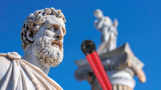 Classical Statue of a Bearded Greek Philosopher Holding a Red Microphone with Clear Blue Sky Background