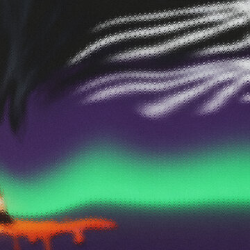 Gritty charcoal blending into luminous amethyst-emerald with shimmering moir&eacute; undulations, and a molten orange flow, for digital backgrounds.