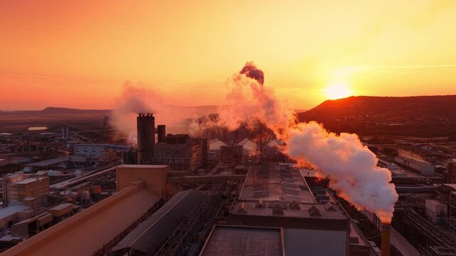 Industrial plant emitting thick smoke at bright sunset. Smoke plumes rise into an orange sky over factory buildings as the sun sets behind distant hills.