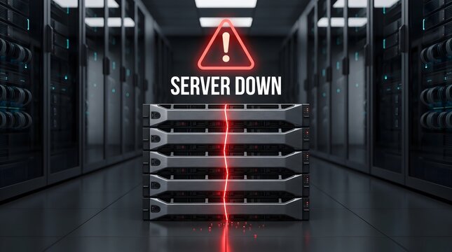 Server down alert with red crack and warning symbol in data center
