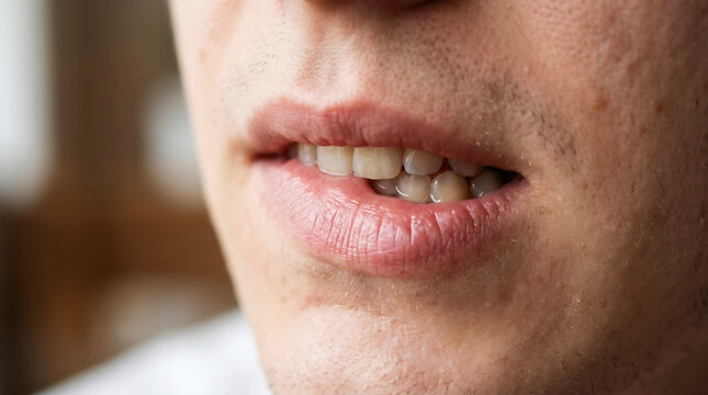 Close-up of person biting lower lip mouth