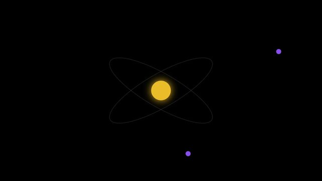 Minimalist atom model animation with orbiting electrons on 4k black background, science physics education