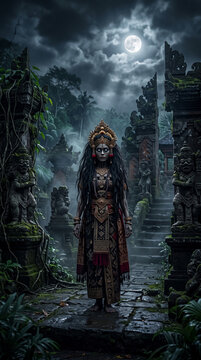 mystical balinese witch rangda standing in ancient temple