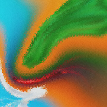 Granular fields of azure and orange embrace a fluid emerald curve, cradling a crimson flow and white ripples, ideal for modern abstract backgrounds.