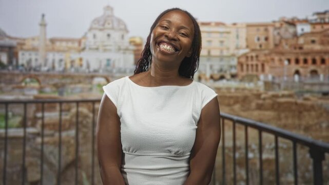 Young woman smiling with teeth while looking up and tilting her head at building, wearing a white sleeveless top with hands relaxed at sides; joyful wonder.