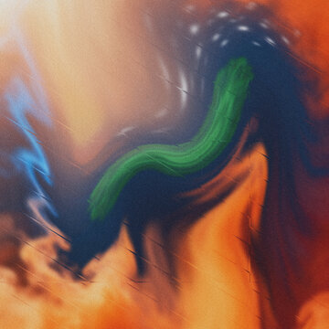 Granular saffron-peach gradient blending into deep indigo, featuring a luminous emerald serpentine curve and ethereal cyan threads, perfect for