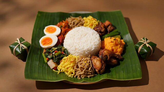 Traditional indonesian nasi campur served on a green banana leaf