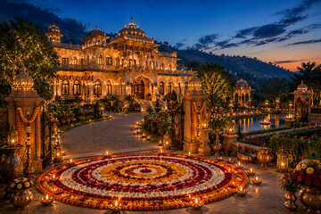 Naklejka premium Festive Heritage of India – Luxury Heritage Mansion with Floral Rangoli and Illuminated Gardens at Twilight