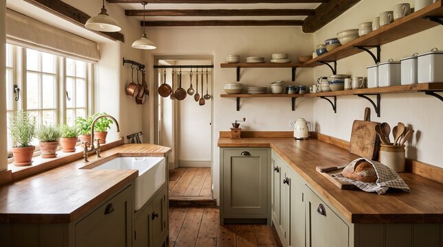 Farmhouse kitchen restoration with wooden counters, apron sink and reclaimed materials in old home interior