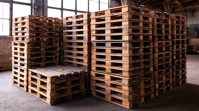 Industrial wooden pallets stacked high inside a spacious, dim warehouse, ready for shipping or storage, reflecting commerce and logistics in a rustic setting